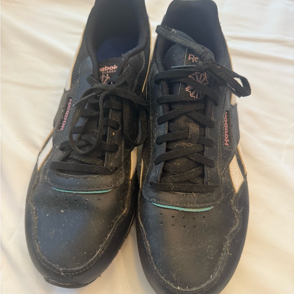 Reebok Black Leather Athletic Sneakers with Teal and Cream Highlights